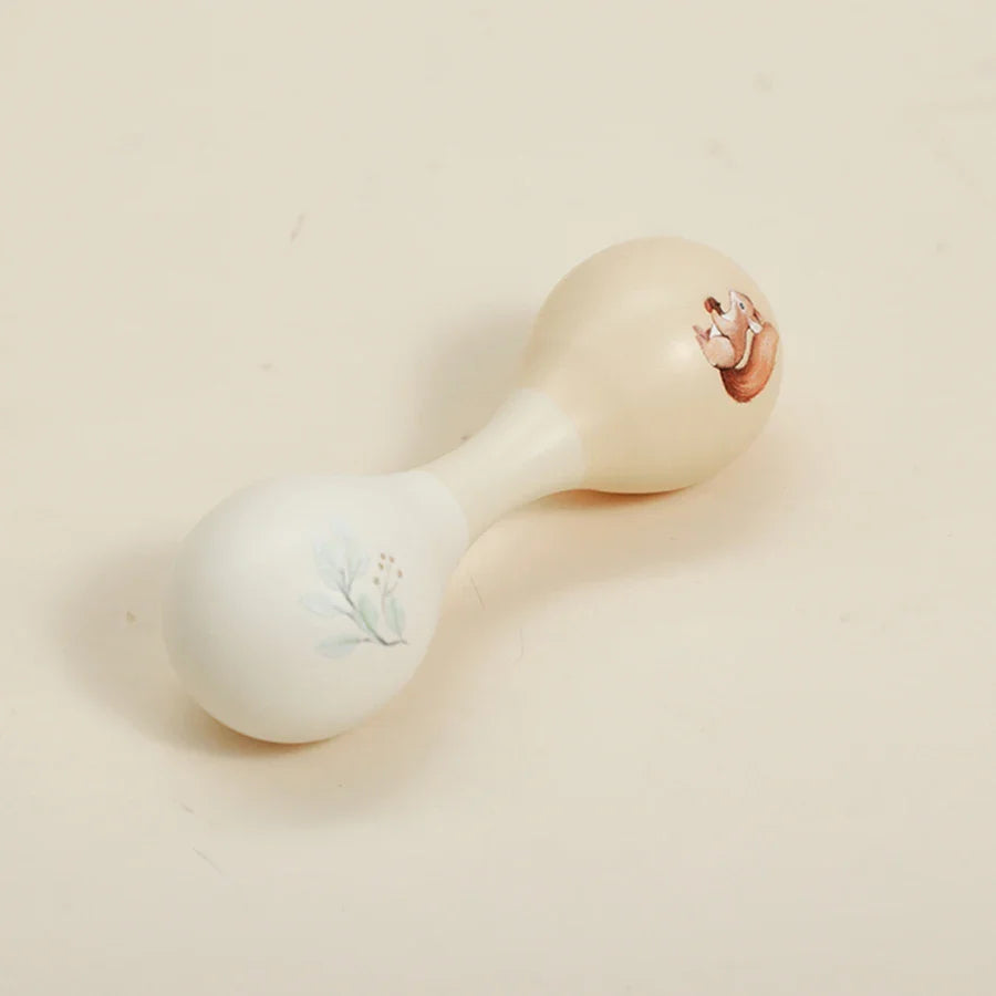 Cream-colored hand-painted wooden bear rattle maraca with floral and animal illustrations for baby musical toys educational instrument playthings