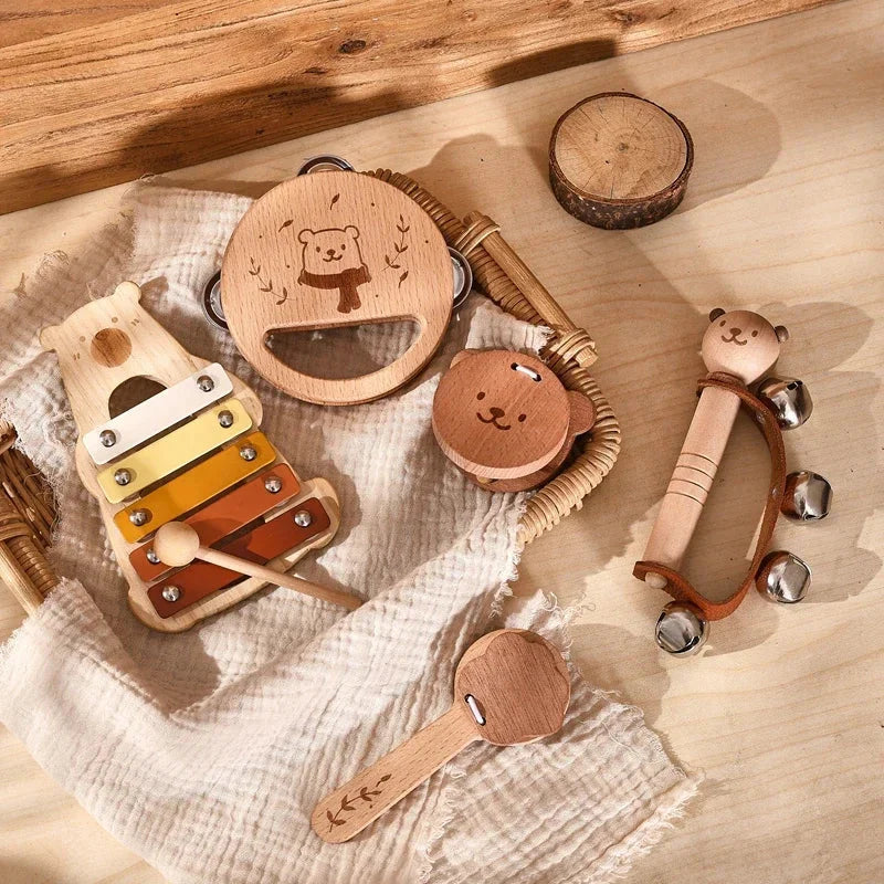 Wooden xylophone with colorful yellow orange and brown keys as baby musical toys educational instrument playthings