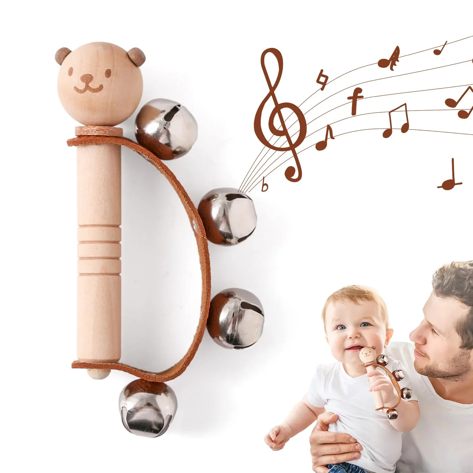 Wooden bear rattle with three metallic bells and brown leather strap, a baby musical toy and educational instrument plaything