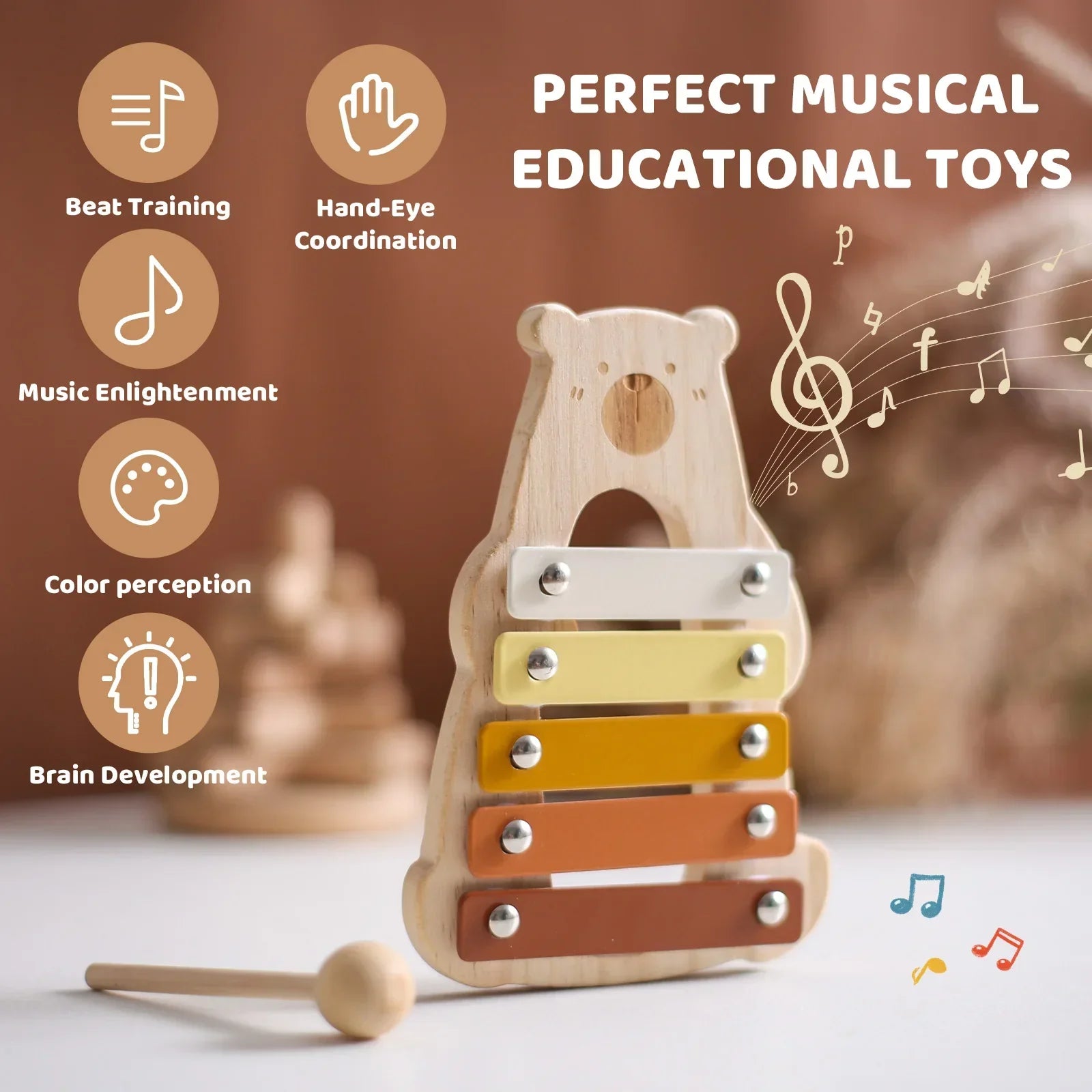 Wooden bear rattle xylophone with colorful bars and silver pegs baby musical toys educational instrument playthings
