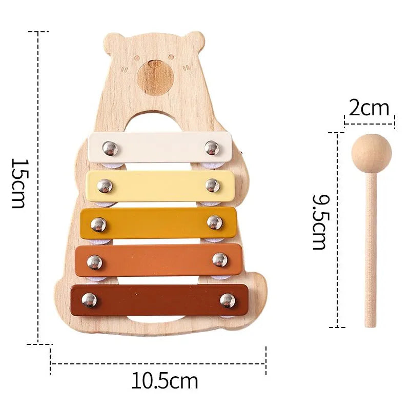 Wooden bear rattle xylophone baby musical toy with five colorful keys in cream yellow orange and brown for educational instrument playthings