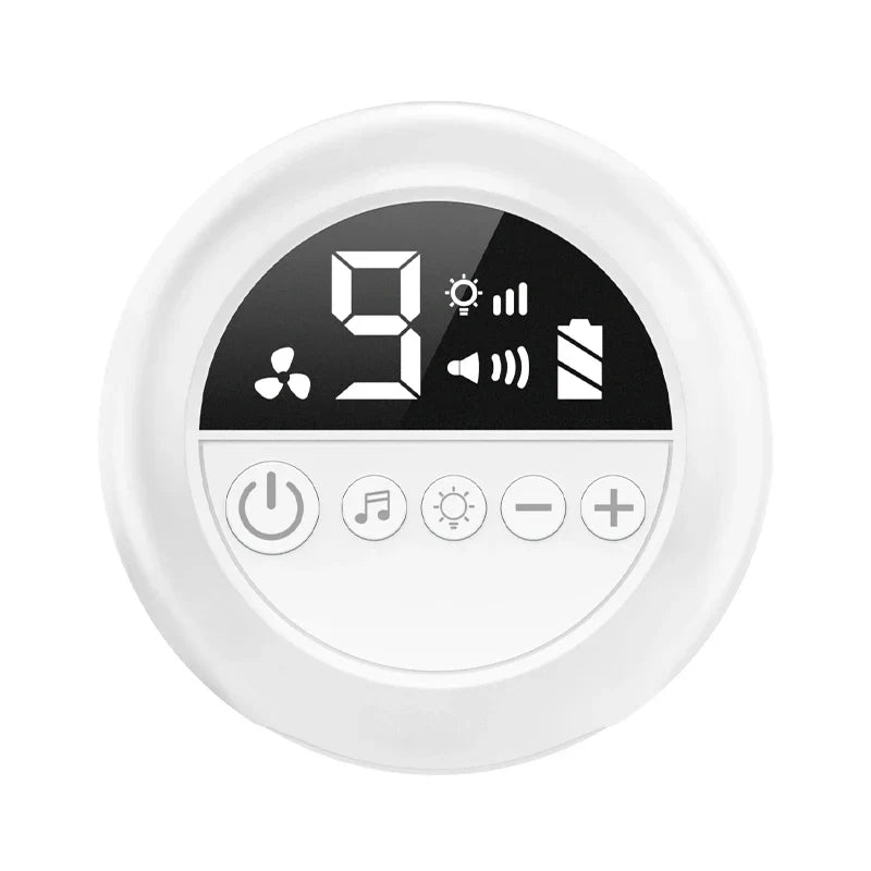 White circular baby nasal aspirator control panel with black digital display and four buttons night light rechargeable nose booger sucker