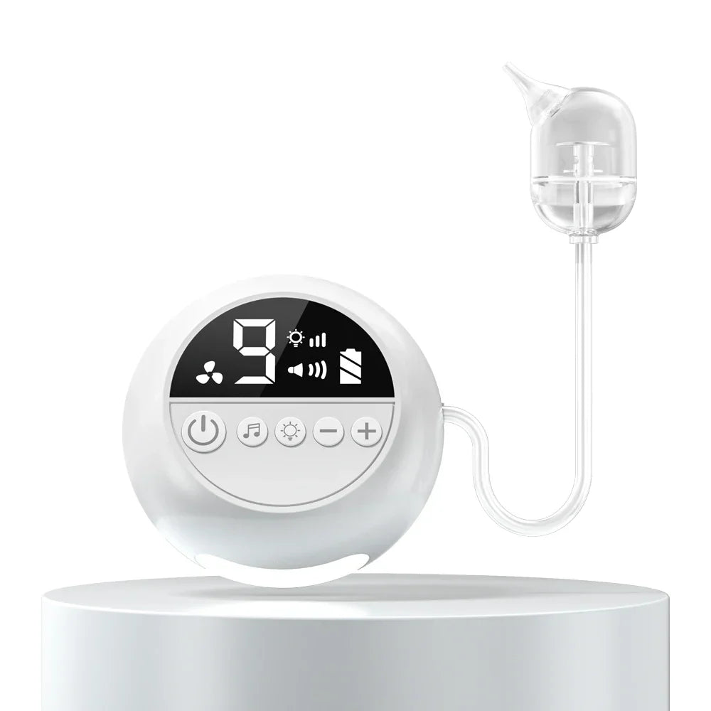 White digital baby nasal aspirator with clear curved tube transparent chamber night light rechargeable nose booger sucker