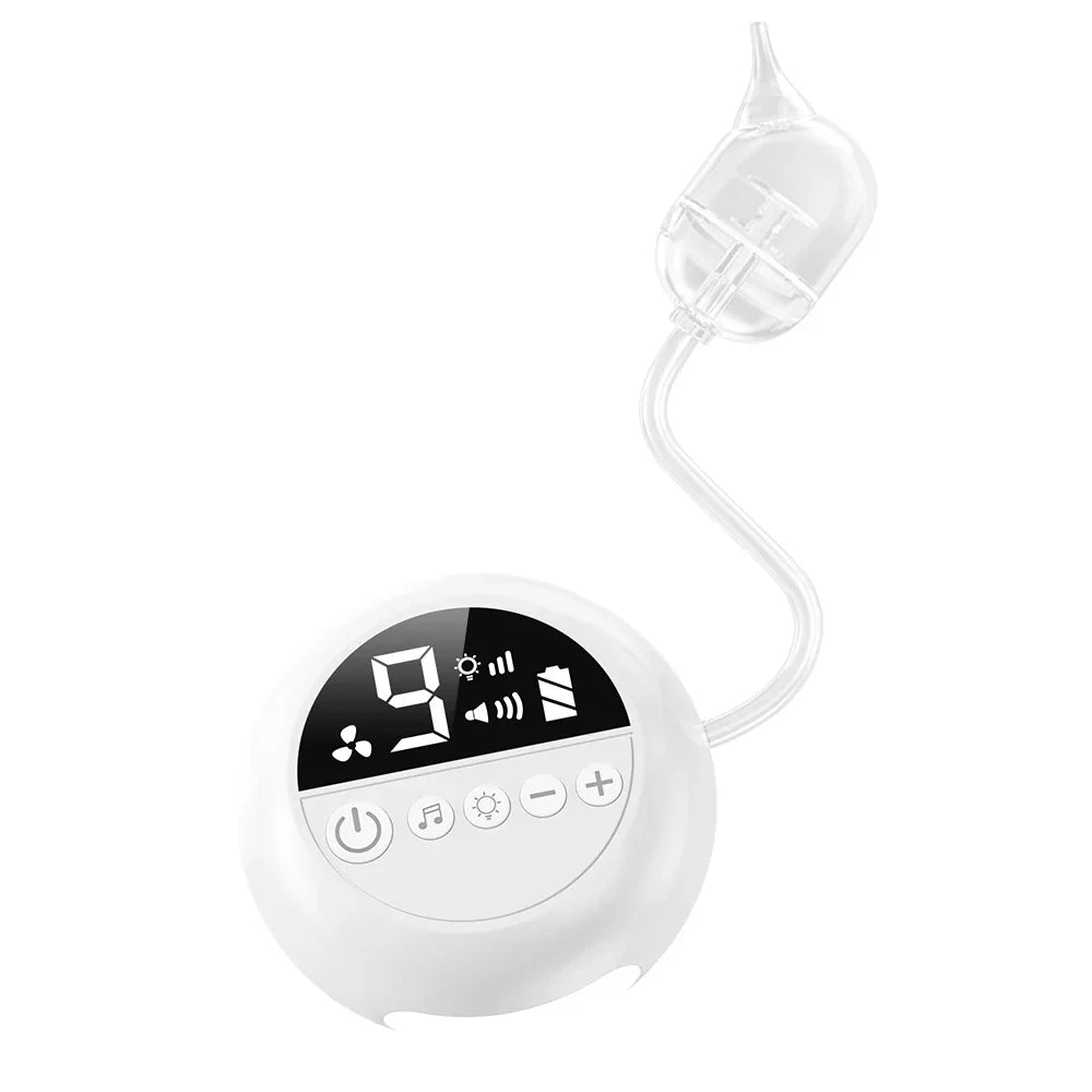 White baby nasal aspirator with silicone suction bulb, control buttons, night light rechargeable nose booger sucker