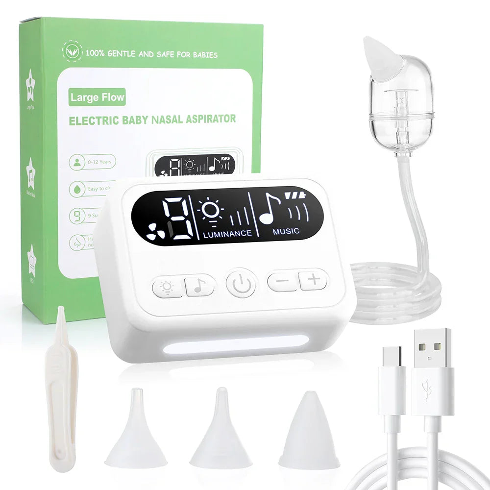 White baby nasal aspirator electric nose booger sucker with digital display and clear silicone nozzle for infants