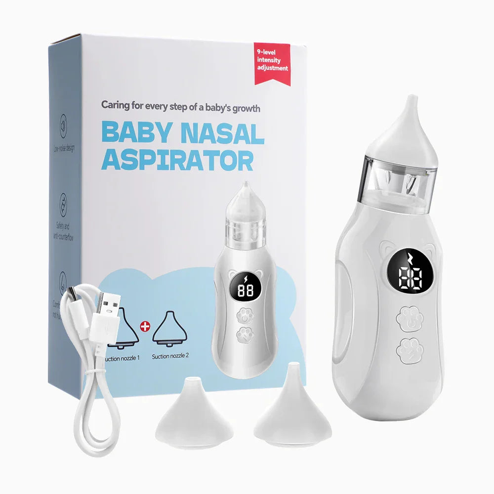 White baby nasal aspirator electric with digital display and soft rounded design for infants nose booger sucker use