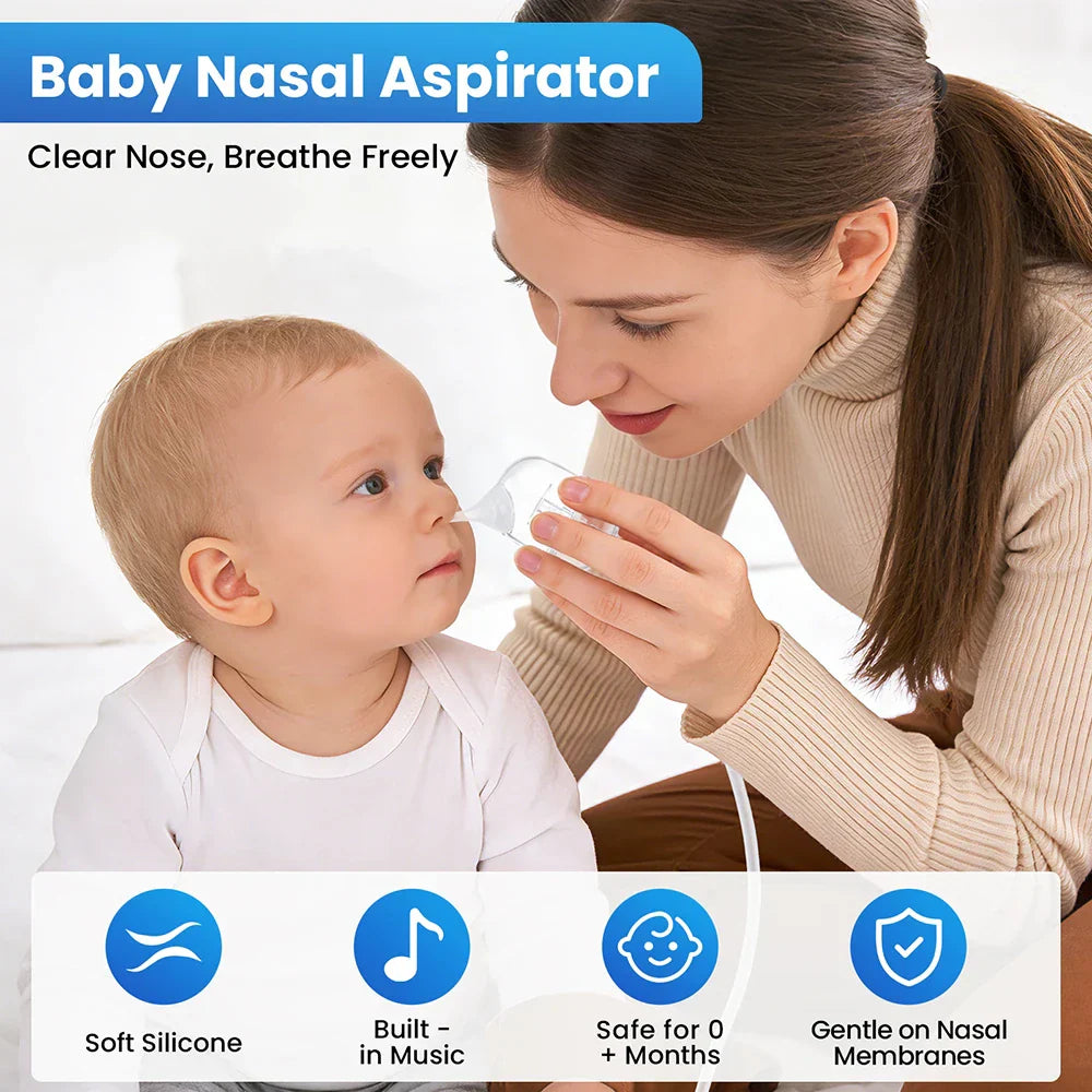 Clear plastic baby nasal aspirator electric with soft silicone tip and built-in music for infants nose booger sucker