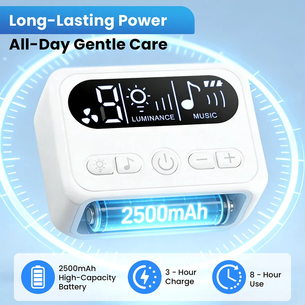 White rectangular baby nasal aspirator electric device with digital display, power and volume buttons, and built-in music function