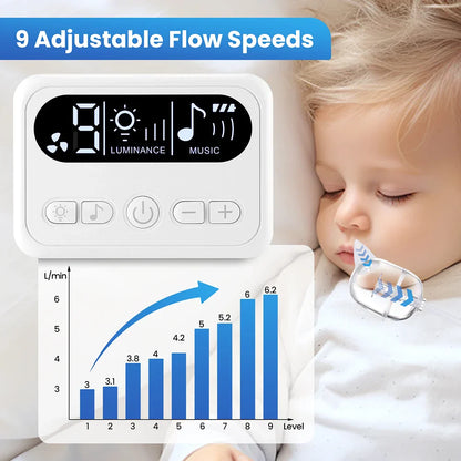 White rectangular digital control panel of baby nasal aspirator electric with adjustable flow speed luminescence and music mode
