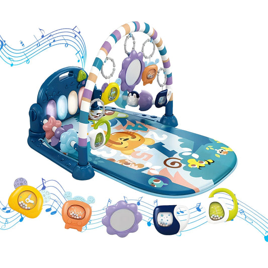Blue baby pedal piano fitness baby walker with colorful plush toys mirrors and musical buttons on soft activity mat