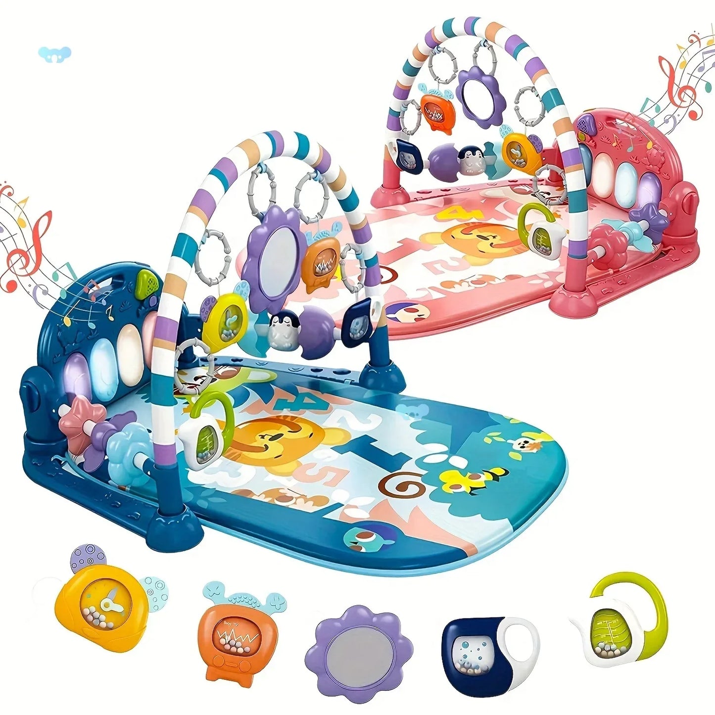 Blue and pink baby pedal piano fitness gym with striped arches plush animals and interactive toys for early learning