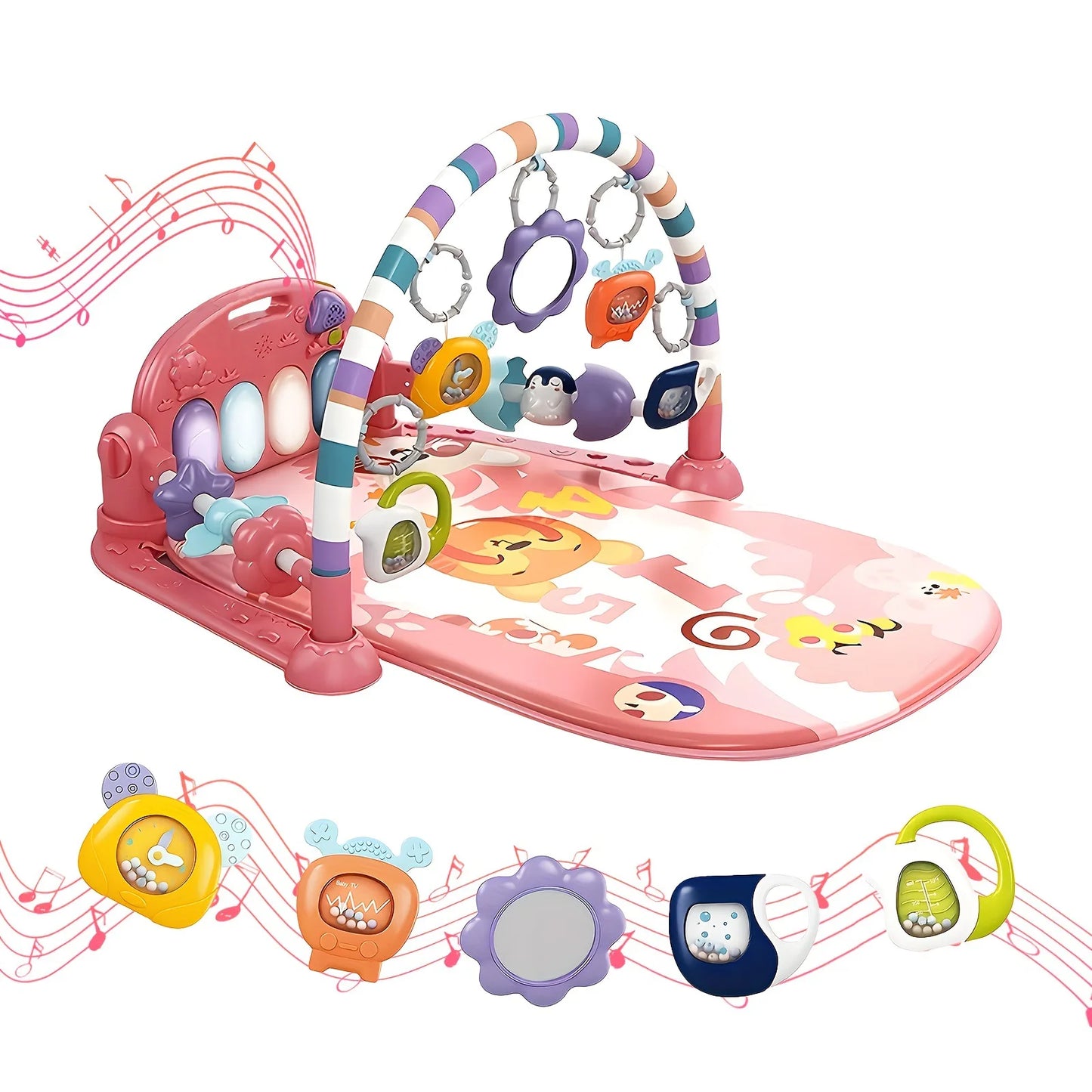 Pink baby pedal piano fitness walker with colorful plush toys musical keys and striped arch for early learning