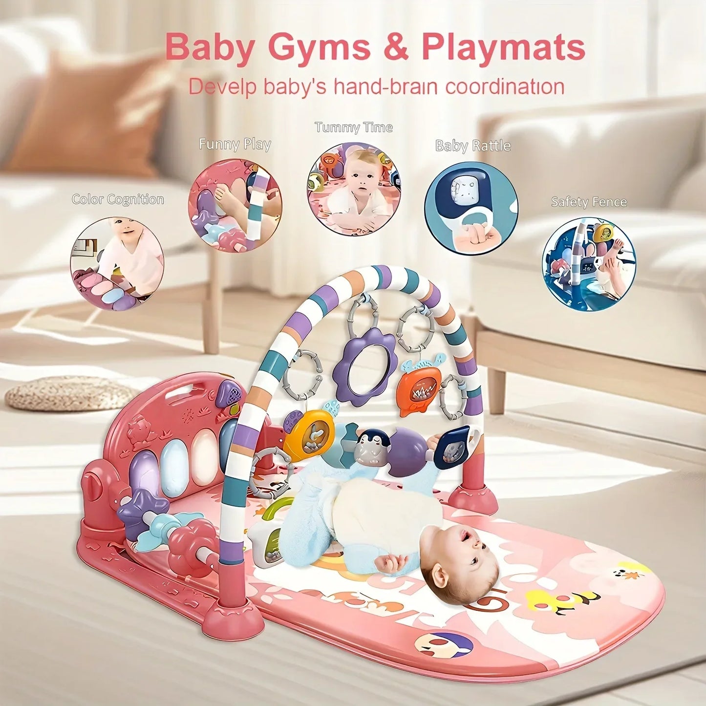 Pink and purple baby pedal piano fitness baby walker with colorful interactive toys and musical arch for early learning