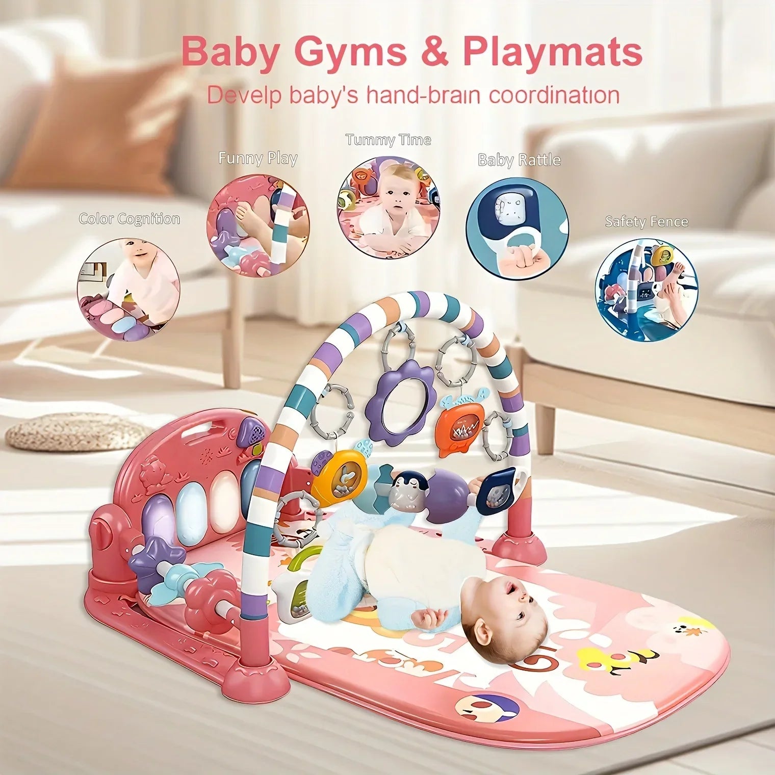 Pink and purple baby pedal piano fitness baby walker with colorful interactive toys and musical arch for early learning