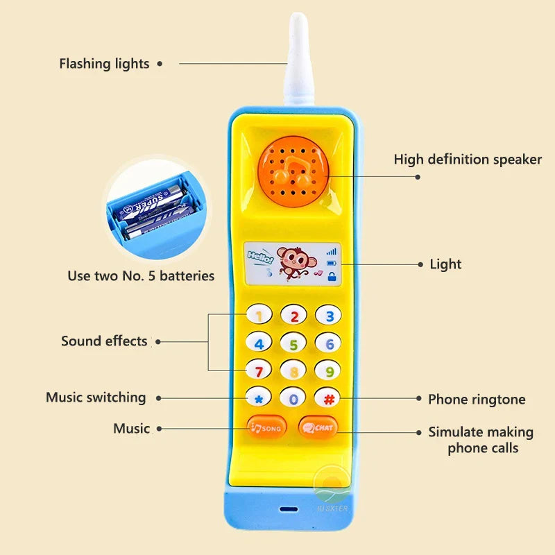 Bright yellow and blue plastic baby phone toys with musical electronic mobile features and cartoon monkey for months birthday gifts