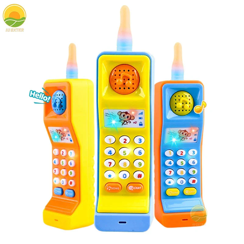 Three brightly colored plastic baby phone toys with musical electronic mobile features and cartoon monkey designs for months birthday gifts