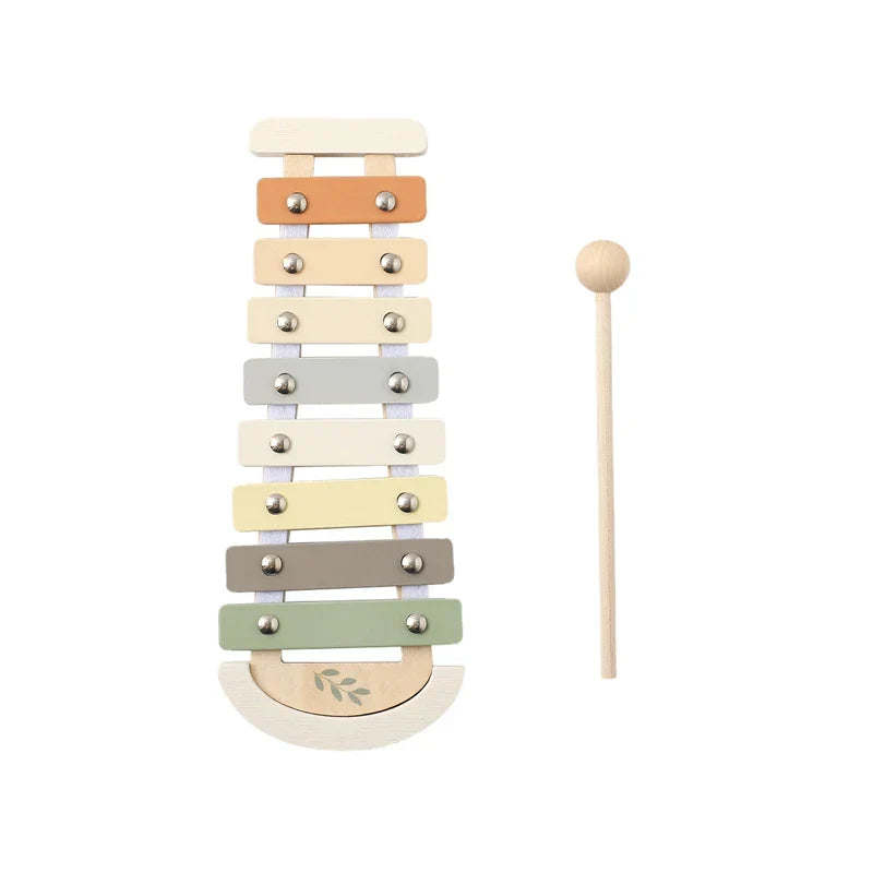 Pastel-colored wooden montessori toys cartoon animal xylophone with eight earth tone keys and leaf engraving for babies
