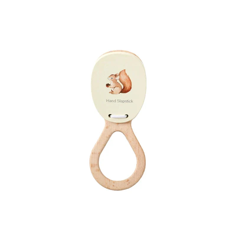 Wooden montessori toys baby rattle with cream oval head and cartoon animal xylophone squirrel holding acorn illustration