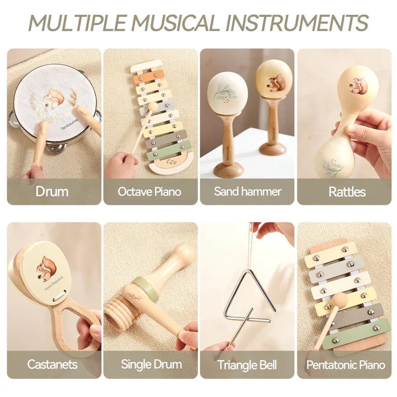 Wooden montessori toys baby rattle toy with pastel keys natural wood frame cartoon animal xylophone educational toy