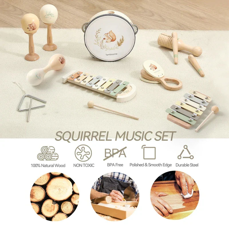 Wooden montessori toy baby rattle with white tambourine face featuring illustrated squirrel and tambourine text