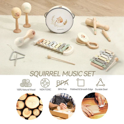Wooden montessori toy baby rattle with white tambourine face featuring illustrated squirrel and tambourine text