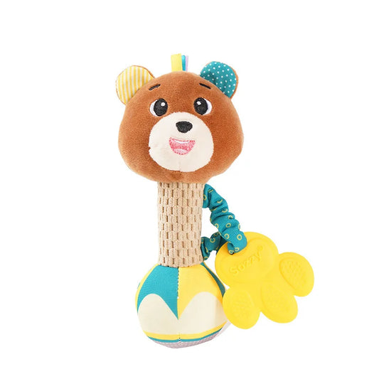 Brown plush stuffed animal rattle with striped ears teal ear tuft and colorful ball base baby rattles soft toys shaker crinkle