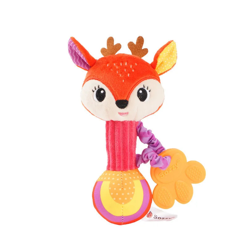 A plush orange stuffed animal rattle with purple and yellow ears and orange paw teether is a soft baby rattles toy shaker crinkle
