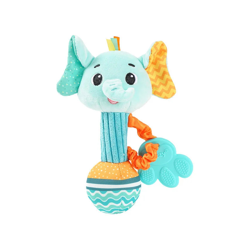 A soft teal stuffed animal rattle baby toy with patterned ears, textured neck, and orange teething ring for sensory play