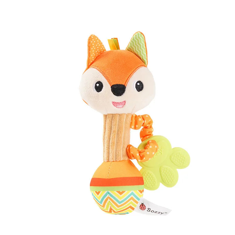 Orange and white stuffed animal rattle baby rattles soft with wooden handle toys shaker crinkle and lime green teether