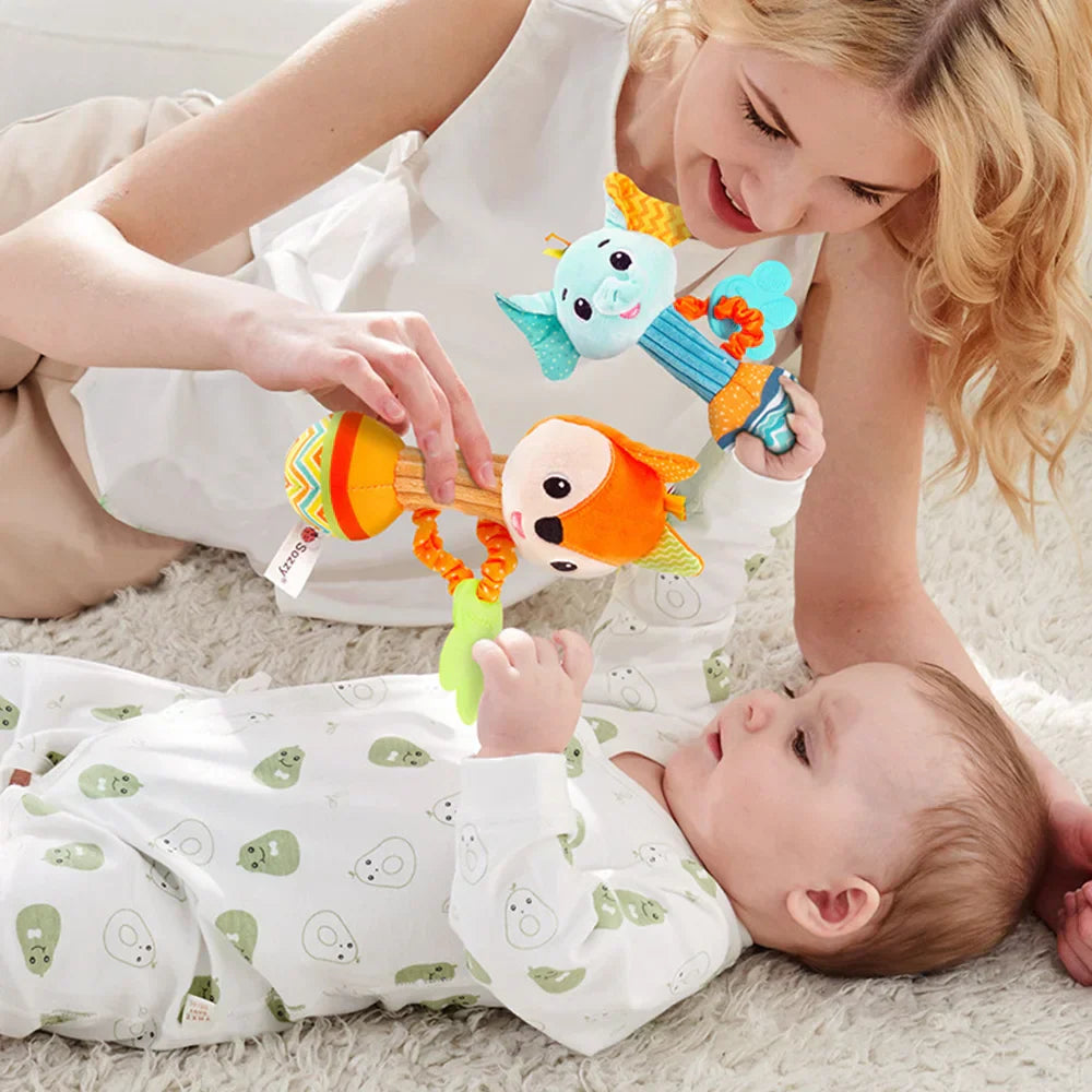 Orange fox-shaped baby rattles soft stuffed animal rattle with colorful striped fabric toys shaker crinkle sensory toy