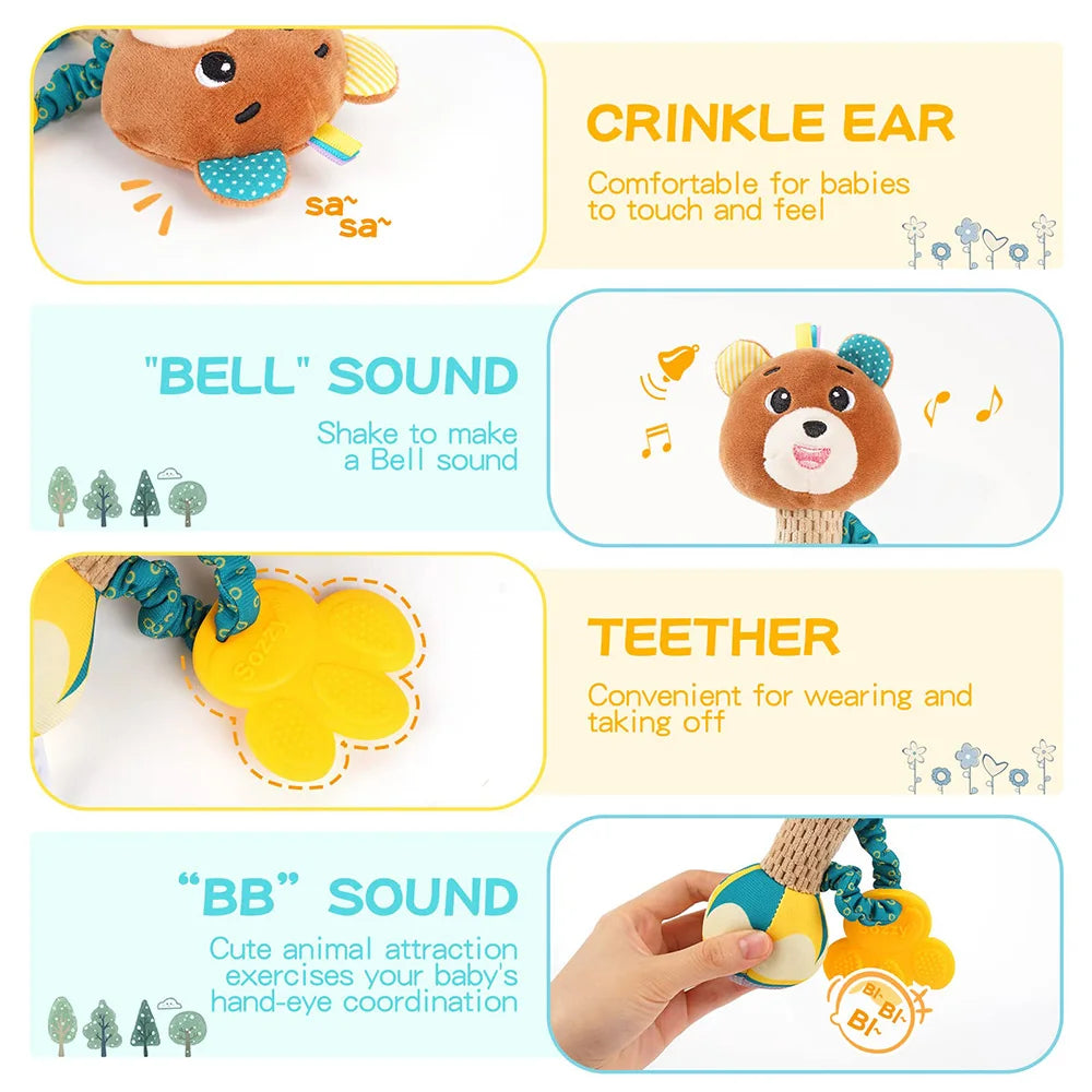 A plush brown stuffed animal rattle baby toy with crinkle ear bell sound and yellow cloud attachment for sensory play