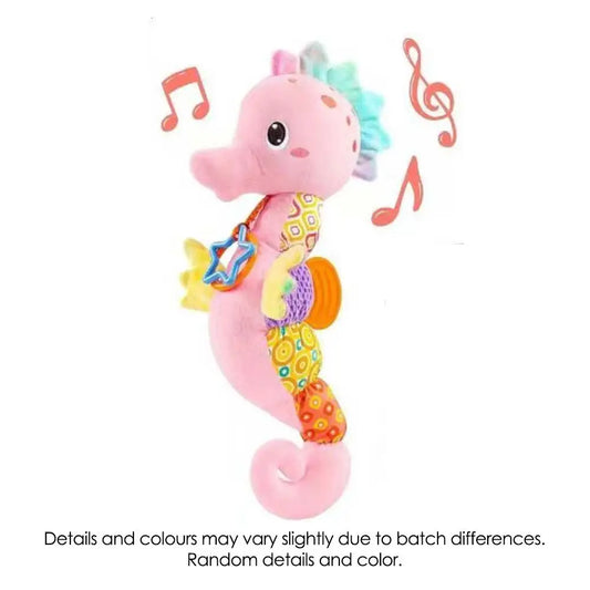 Pink plush seahorse baby rattles toy with colorful fabric accents and bright colors crinkle sound for infants
