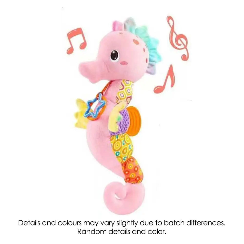 Pink plush seahorse baby rattles toy with colorful fabric accents and bright colors crinkle sound for infants
