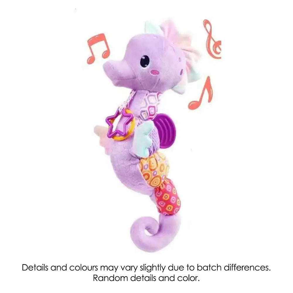 A plush purple seahorse baby rattles toy with bright colors crinkle fabric patches and infant musical stuffed features