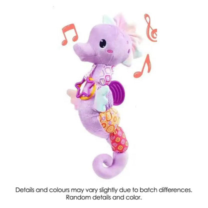 A plush purple seahorse baby rattles toy with bright colors crinkle fabric patches and attached toys infant musical toy