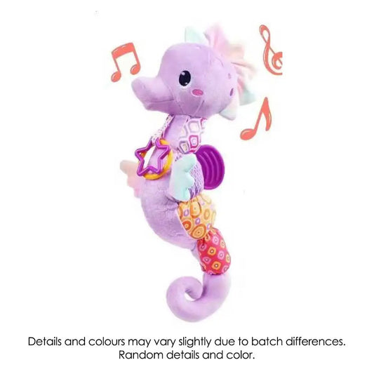 A plush purple seahorse baby rattles toy with bright colors crinkle fabric patches and attached toys infant musical toy