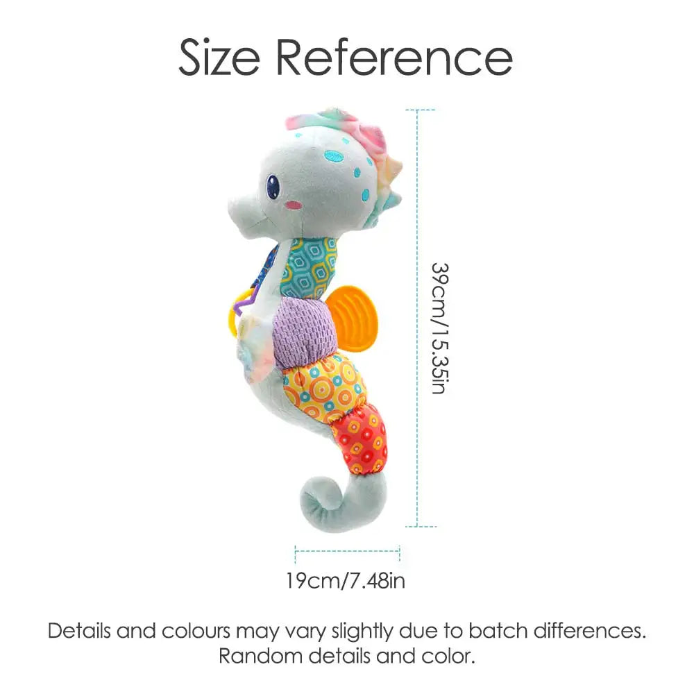 A soft plush seahorse baby rattles toy with white head and colorful patchwork fabric with bright colors crinkle sound