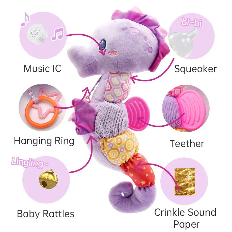 Purple plush seahorse baby rattles toys with bright colors crinkle fabric and infant musical stuffed sensory features