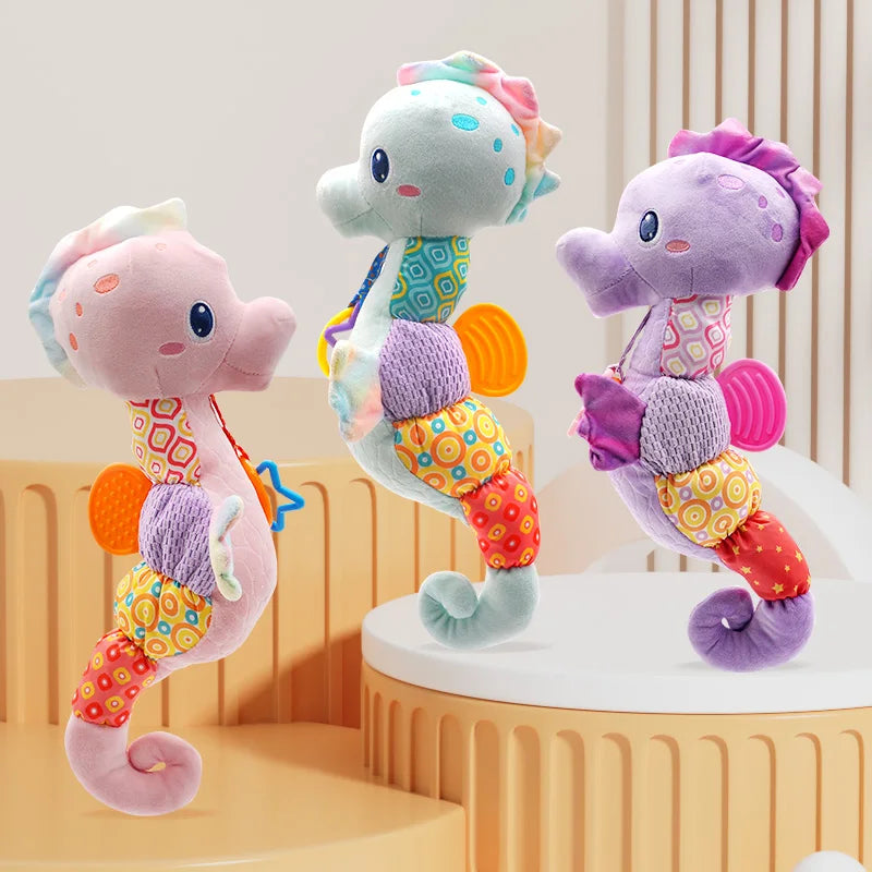 Three colorful plush seahorse baby rattles toys with patchwork patterns and bright colors crinkle sound for infants