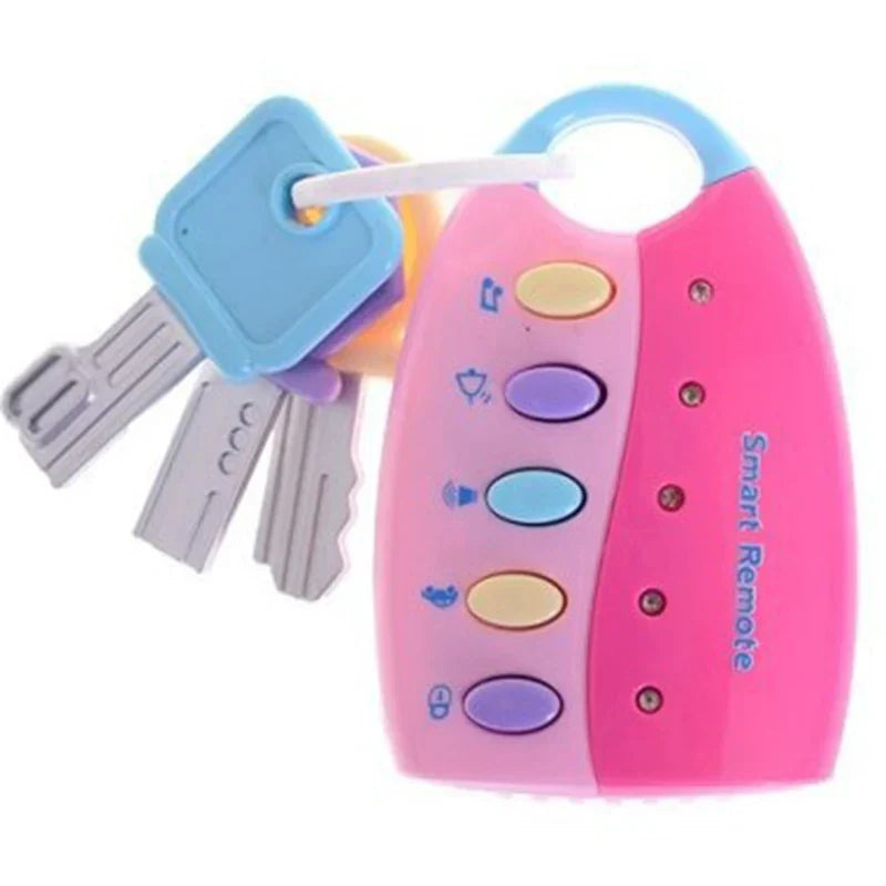 Pink and purple plastic musical car key smart remote car with colorful buttons blue key fob and attached keys for voices pretend play
