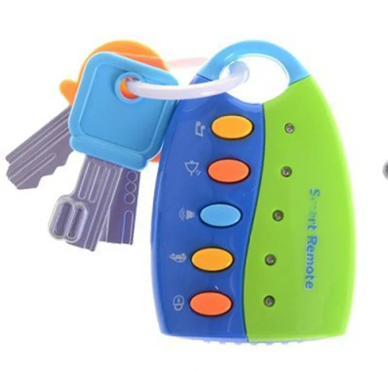 Bright blue and green plastic musical car key smart remote car with orange yellow and light blue buttons for voices pretend play