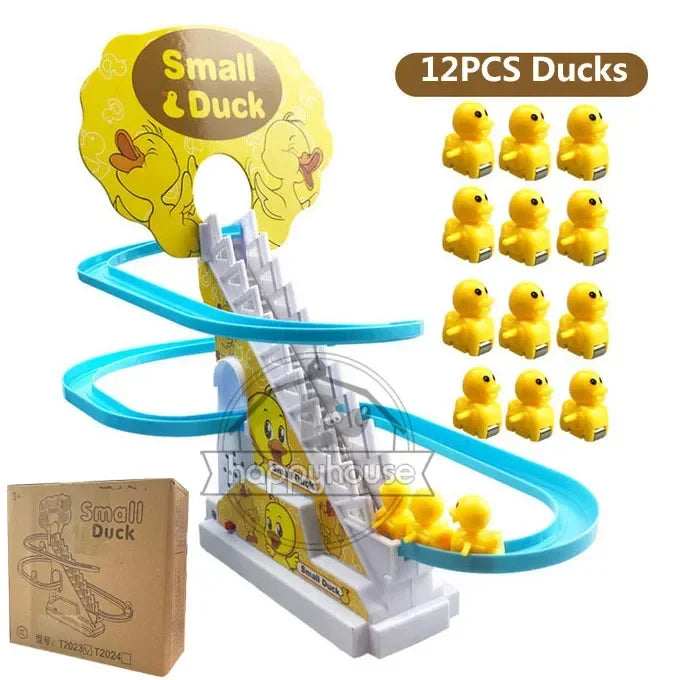 Yellow plastic electric duck track with blue sliding rails and 12 yellow rubber ducks for girls electric climbing stairs toy