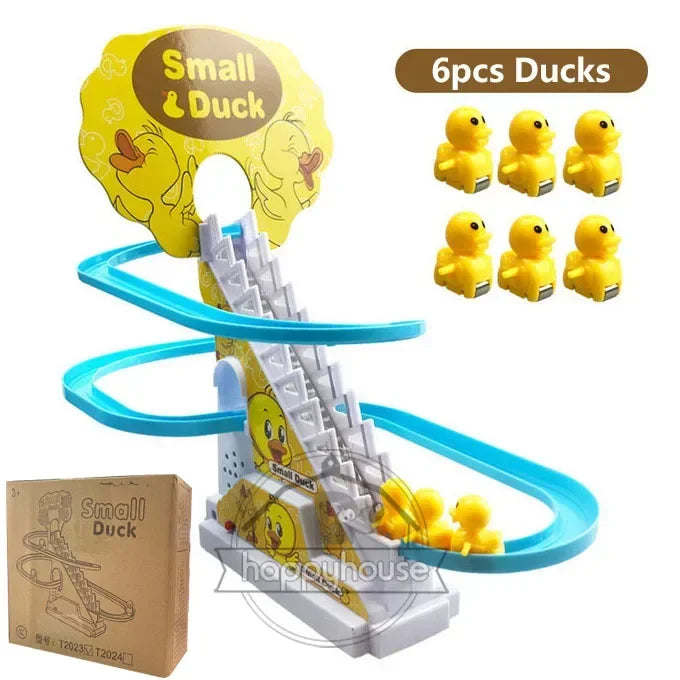 Yellow plastic electric duck track with blue spiral rails and white supports for girls electric climbing stairs toy
