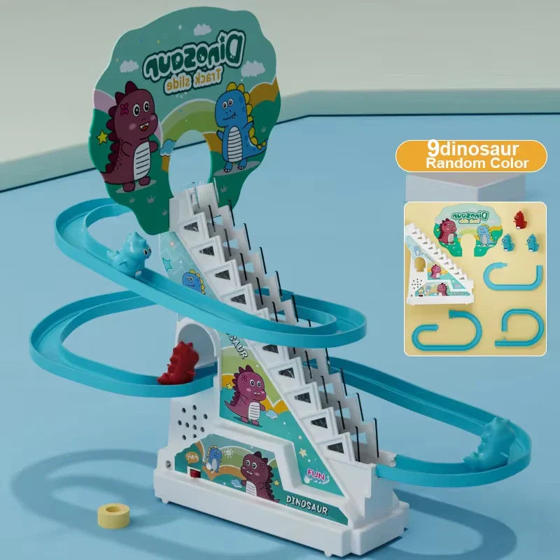 Blue and white dinosaur-themed electric duck track toy with colorful plastic parts for girls electric climbing stairs toy use