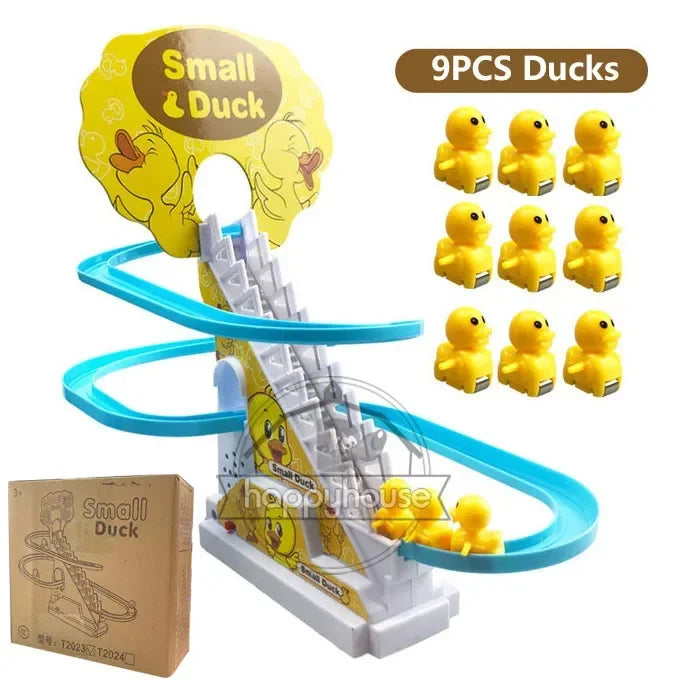 Yellow plastic electric duck track toy with blue and white climbing stairs toy for girls featuring led lights and music