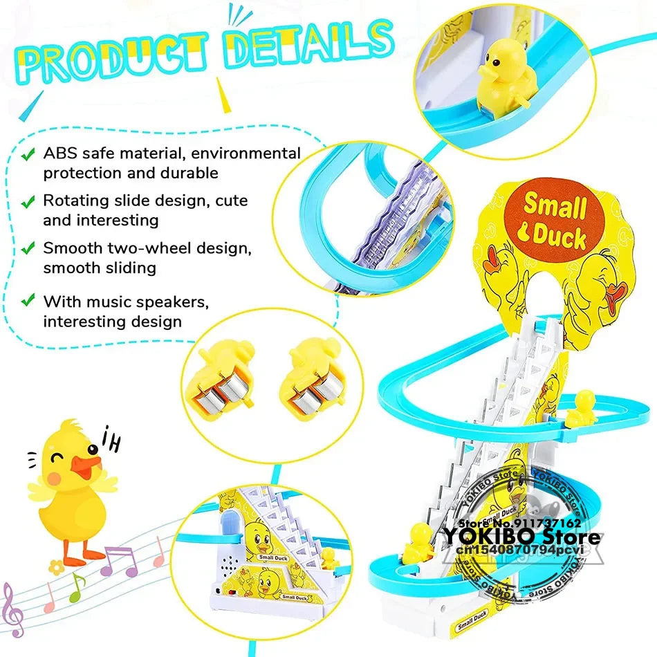 Bright yellow plastic electric duck track toy with blue slide and music speakers for girls electric climbing stairs toy