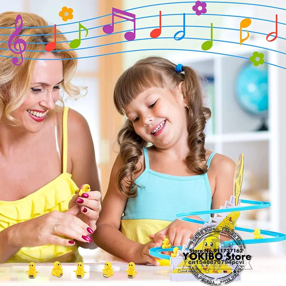Yellow plastic electric duck track toy with musical notes and blue slide for girls electric climbing stairs toy