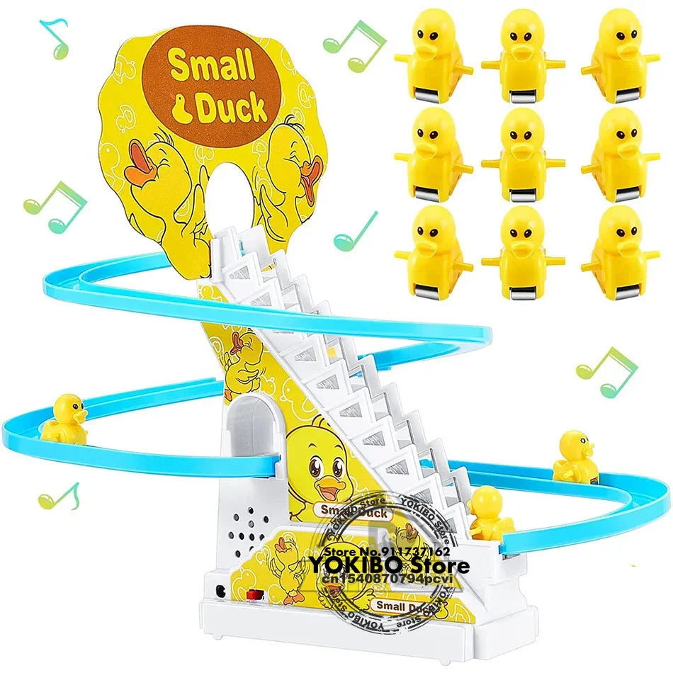 Yellow plastic electric duck track toy with blue spiral rails and white base for girls electric climbing stairs toy use