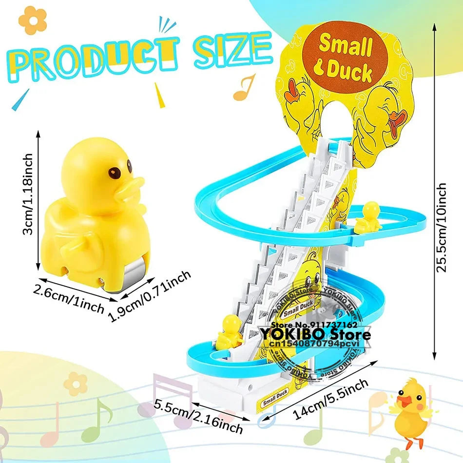Yellow plastic electric duck track toy with small wheel designed for girls electric climbing and climbing stairs toy play