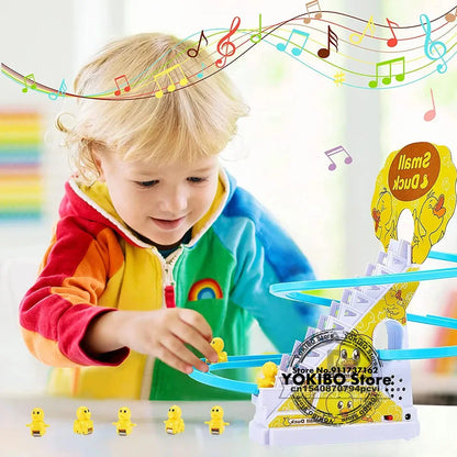 Yellow duck-themed electric duck track toy with blue plastic rails and white base for girls electric climbing stairs toy use